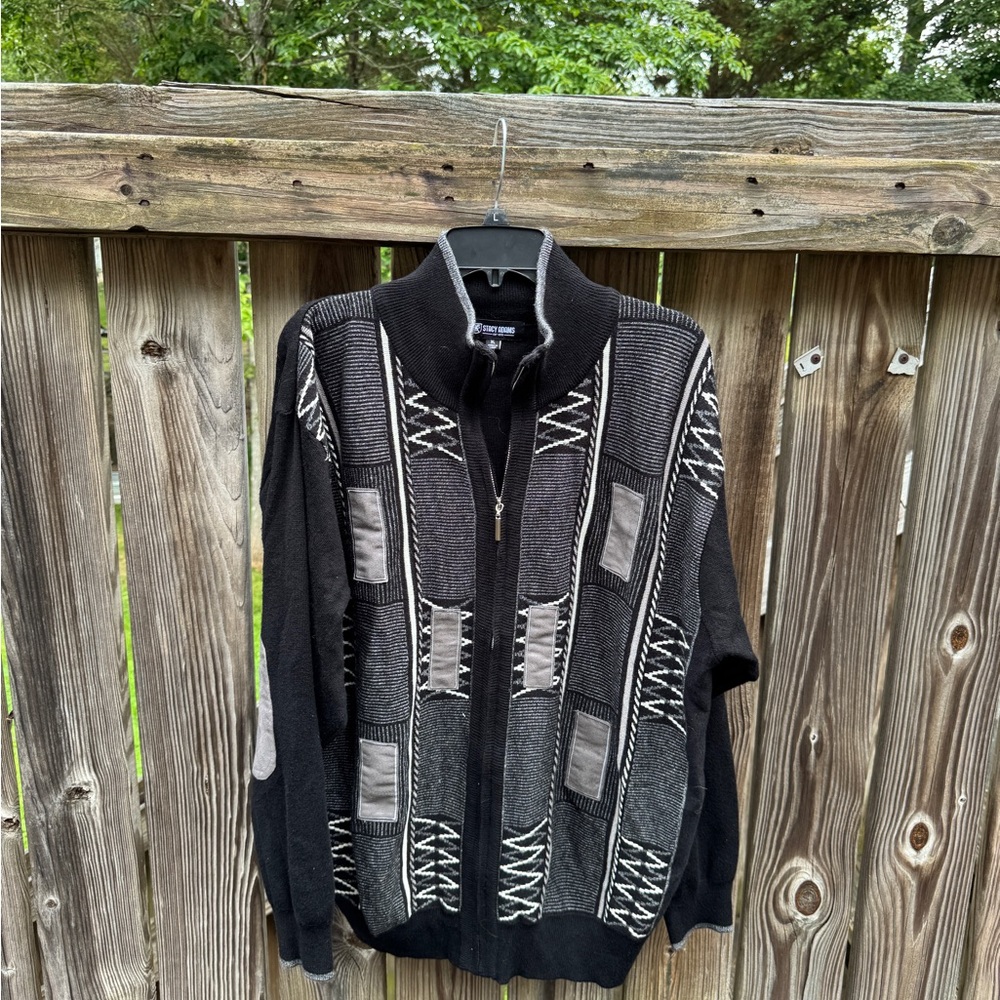 Stacy Adams Black and Gray Patterned Zip-Up Sweater